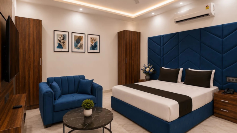 Deluxe AC room with comfortable bed, wooden headboard, and sofa seating at Hotel Amar Raja in Kurukshetra